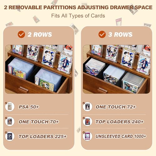 Emfogo Trading Card Display, 3-Tier Card Display Case with Custom Drawer, Wood Graded Card Display with Supporters and Dividers, Sports Card Display Case for Collection (Walnut) - color: Walnut