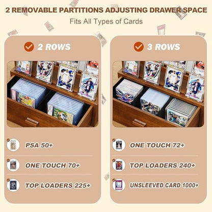 Emfogo Trading Card Display, 3-Tier Card Display Case with Custom Drawer, Wood Graded Card Display with Supporters and Dividers, Sports Card Display Case for Collection (Walnut) - color: Walnut