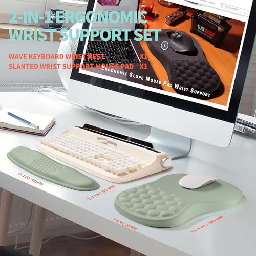 2-in-1 Ergonomic Set, Wave Rise Keyboard Wrist Rest and Massage Bulge Slope Mouse Pad Wrist Support, Cushion Memory Foam Integrated to Relieve Wrist Pain, Light Green - color: Light Green