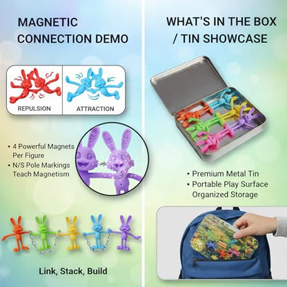 MAGMEN Complete Travel & Quiet Time Set - 16pc Magnetic Fidget Bundle (10 Classic Figures + 6 Bunnies) - Airplane & Road Trip Toys for Kids - Sensory STEM Activity in Storage Tins