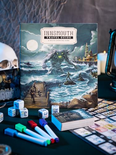 CrowD Games | Innsmouth Travel Guide | 1-4 Players | Ages 14 and up | Roll and Write | Tourism | Route Building | Lovecraft | Solo Mode Included | Average Playtime 30 min