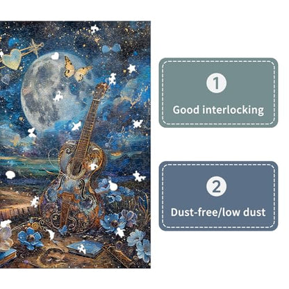 1000 Piece Jigsaw Puzzle for Adults, Guitar Moon Night Puzzle | Murder Mystery, Artistic Musical Fantasy Puzzle with Moon, Butterfly and Blue Flowers, Challenging Art, 26.6x19.2 in - color: Midnight Melody