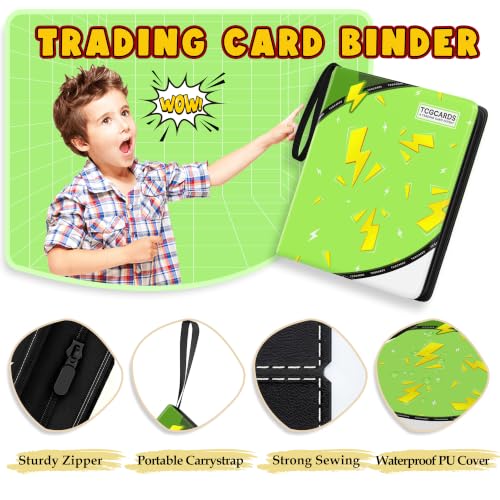 Card Binder for Pokemon Cards, 9 Pocket Trading Card Binder Holds 900 Cards with 50 Removable Sleeves, 3 Ring Zipper Card Holder Album Book Case for TCG, MTG, Sports Cards Collection, Boys Girls - color: Green