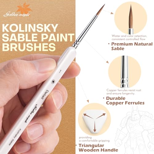 Golden Maple Model Brush Set, 4 Large Dry Brushes 6 Masterclass Kolinsky Sable Miniature Paint Brushes, Fine Detail Paint Brush Set - for Miniature Painting, Drybrushing, Layering & Insane Detail