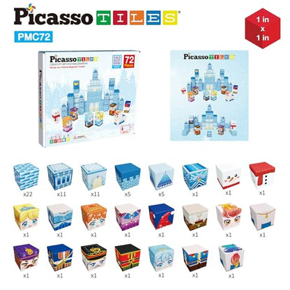 PicassoTiles Magnet Cube Winter Ice Themed Mix and Match Building Block Castle Construction Toy with 7 Magnetic Cubed Character Action Figures STEM Learning Education Sensory Pretend Play Age 3+ PMC72 - color: Winter Ice Themed