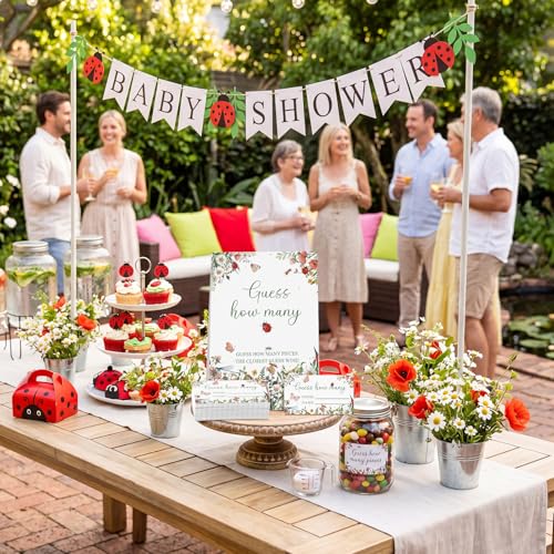 Ladybug Garden Guess How Many Baby Shower Game Pack of 1 Tabletop Sign with Stand and 50 How Many Cards, Wildflower Insect Themed Party Game Decorations - style: Ladybug Garden