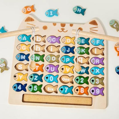 Magnetic Alphabet Numbers Fishing Game, Wooden ABC Letter Numbers Uppercase Lowercase Matching Puzzle Fine Motor Montessori Educational Toy for Preschool 3 4 5 Year Old Toddlers - style: alphabet & number fishing