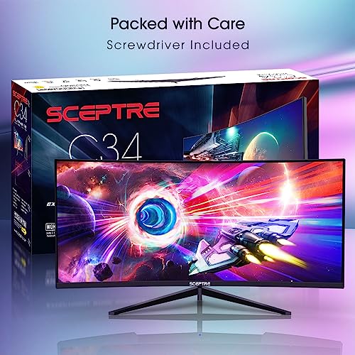Sceptre 34-Inch Curved Ultrawide WQHD Monitor (3440 × 1440), R1500, up to 180Hz/165Hz, DisplayPort x2, 99% sRGB, 1ms, Built-in Speakers, Machine Black, 2025 (C345B-QUT168) | 34 Va 1500r Curved Wqhd, 1ms Mprt, 99% Srgb, Dp1.4×2, Hdmi2.0×2, Built-in 2×3w Sp