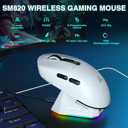 SOLAKAKA SM820 Wireless Gaming Mouse with RGB Charging Dock,24000 DPI Tri-Modes Wireless Mouse with 2 Side Buttons,Programmable Macro Mouse for Gaming(White) - color: white