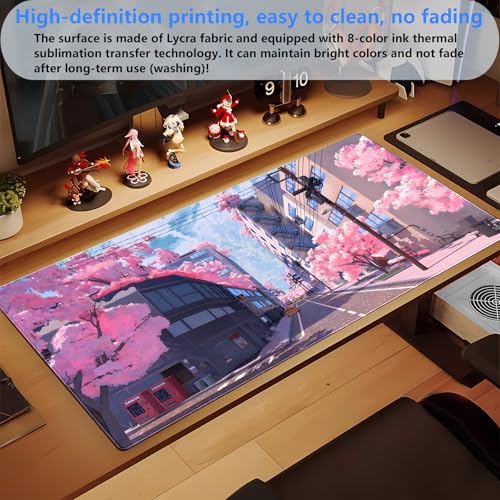 Pink Anime Sakura Desk Mat, Japanese Street Large Mouse Pad 31.5x15.7 in | Cozy anime cherry blossom desk pad with 3mm plush cushion, smooth fabric top, and non-slip rubber core. - color: Anime 02