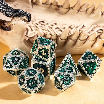 UDIXI Metal DND Dice Set, Metal Dice Set D&D for Tabletop Games (Green) | 7-Pieces, Dragon Carved, Chain-edge Design, Metal Gift Box, DM Gift, for Dungeons and Dragons Role Playing Games - color: Chain Frame-silver Green