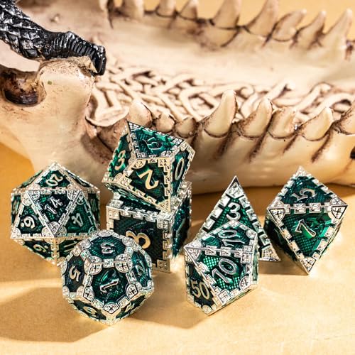 UDIXI Metal DND Dice Set, Metal Dice Set D&D for Tabletop Games (Green) | 7-Pieces, Dragon Carved, Chain-edge Design, Metal Gift Box, DM Gift, for Dungeons and Dragons Role Playing Games - color: Chain Frame-silver Green