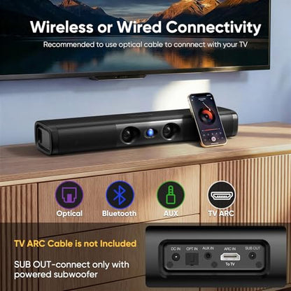 Saiyin Sound Bar with Enhanced Bass, Dual Larger Woofer & Dual Bass Ports | Sound Bar for Smart TV with 90W Peak Power, 17.1-inch Soundbar with Bluetooth5.3/TV-ARC/Optical/Auxiliary Inputs - size: 17.1 inches