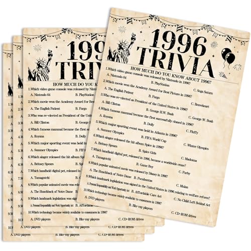 30Pcs 30th Birthday Party Games 1996 Trivia Game Fun Back in 1996 Games Double-Sided Game Cards Vintage 30th Birthday Party Supplies for 30 Year Old Woman Man Anniversary Class Reunion Gifts - size: 30-1996, style: Trivia