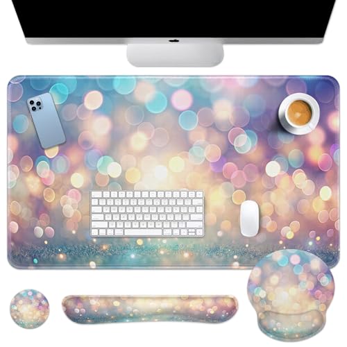 Britimes Abstract Pink and Blue Glitter Keyboard Mouse Pad Set 4in1 Large Mousepad+Keyboard Wrist Rest+Mouse Wrist Rest+Coaster Set with Ergonomic Design for Home Office Computer 35.4x15.7 inches - color: Abstract Pink Blue Glitter