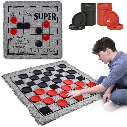 Elbow Room Giant Checkers Set - 3-in-1 with Reversible Mat - Ages 6+ | 28 in Play Surface, 25 Jumbo Pieces, Plastic Construction, Includes Storage Bag, 2 Player Game, 26 x 26 in Board