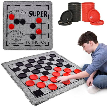 Elbow Room Giant Checkers Set - 3-in-1 with Reversible Mat - Ages 6+ | 28 in Play Surface, 25 Jumbo Pieces, Plastic Construction, Includes Storage Bag, 2 Player Game, 26 x 26 in Board