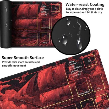 MTG Playmat 24x14 Inch | Optional Game Zone Layout | Non-Slip Rubber Base | Stitched Edges | Includes Free Storage Bag | for TCG, Board Games, and Desk Use(Bloodsail,with Zone) - color: Bloodsail, style: With zone