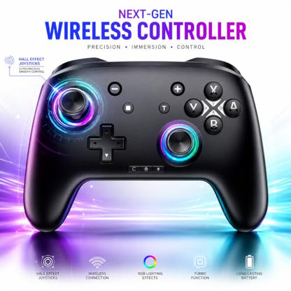 Switch Controller, Wireless Bluetooth Controller for Nintendo Switch 2/Switch/Lite/OLED, game controllers Compatible with iPhone/Mac/iPad/iOS/Android/Phone/PC/Steam and TV with Rotary Motors, RGB Hall Effect Joysticks/Macro Back Buttons/Turbo Modes/6-Axis