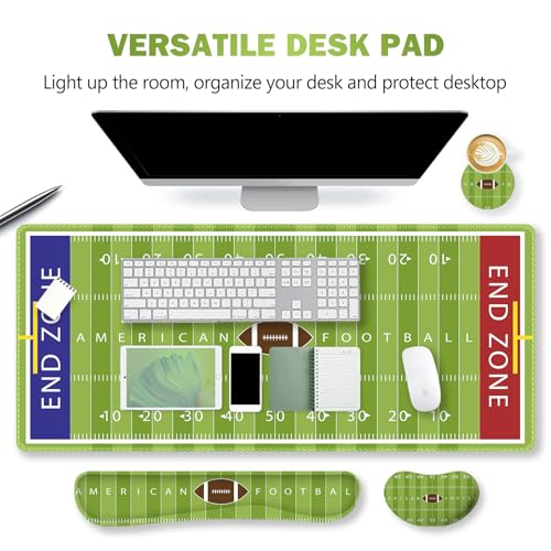 ARTSO Green Desk Mat Set, Extended Gaming Mouse Pad with Wrist Rest Support +Keyboard Wrist Rest +Coaster, Large Cute Mousepad, American Football Field - color: American Football Field