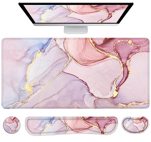 Large Mouse Pad with Wrist Rest, 4-in-1 Wrist Rest for Keyboard and Mouse | Non-Slip Waterproof Desk Mat Set, 35.4"x15.7" Desk Mat+Keyboard Wrist Rest+Mouse Wrist Support+Cup Coaster for Home Office - color: 4Pcs-Pink Marble