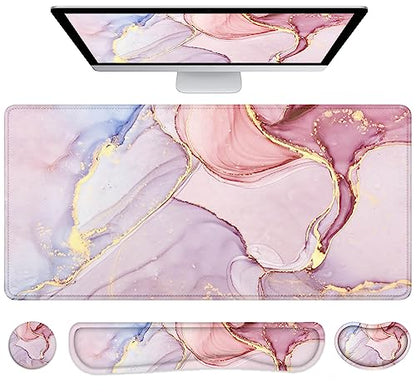 Large Mouse Pad with Wrist Rest, 4-in-1 Wrist Rest for Keyboard and Mouse | Non-Slip Waterproof Desk Mat Set, 35.4"x15.7" Desk Mat+Keyboard Wrist Rest+Mouse Wrist Support+Cup Coaster for Home Office - color: 4Pcs-Pink Marble