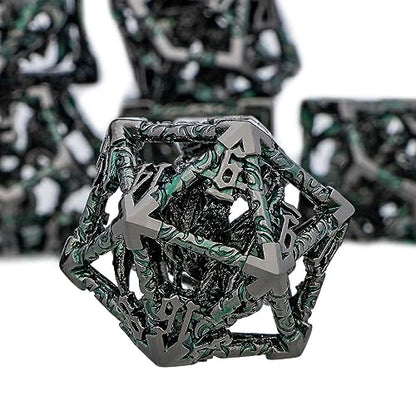 ARUOHHA Hollow DND Dice Set Black Green 5-Headed Dragons D and D Dice with Gift Box, RPG Role Playing Games 7PCS Metal Dungeons Polyhedral Dice Set D20 D12 D10 D8 D6 D4 - color: Black Green-02