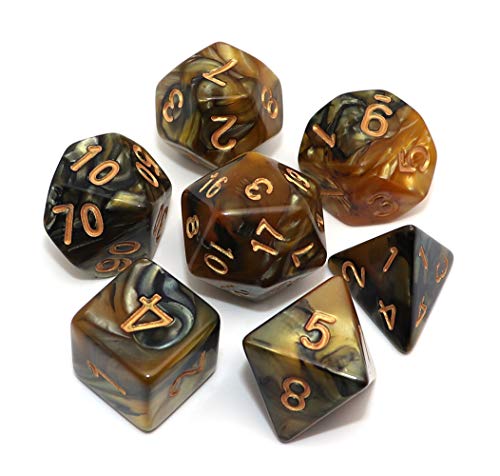 DND Polyhedral Dice for Dungeon and Dragons D&D RPG Role Playing Games Gold Black Dice with Dice Bag - color: Brown Mix Black