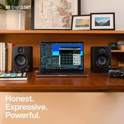 PreSonus Eris 3.5BT Studio Monitors, Pair — 3.5" Inch Powered Bookshelf Speakers, Stereo, Desktop Computer, Near Field Music Production, Audio Mixing Recording, Black | 3.5 Woven Woofer, 1 Silk-Dome Tweeter, 25W and Side, Trs, Rca and 3.5mm Inputs, High a
