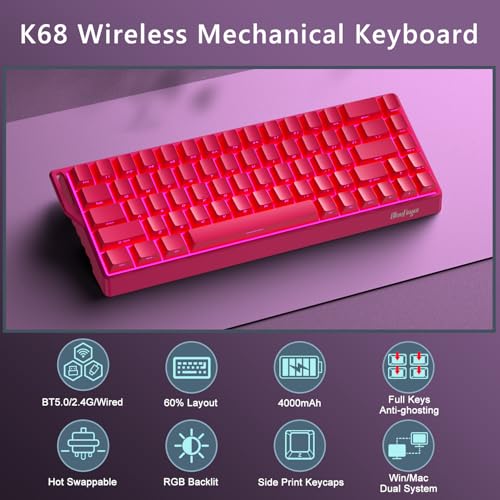 BlueFinger 60% Wireless Mechanical Gaming Keyboard, Bluetooth/2.4GHz/USB-C Hot Swappable RGB Backlit Keyboard with Side-Printed PBT Keycaps, 60 Percent Compact Keyboard for Mac PC PS5 Xbox, Pink - color: Pink