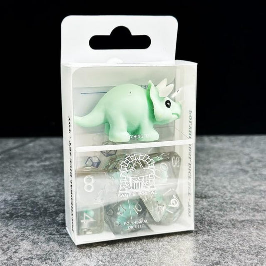 Sage's Portal Familiars Dice and Toy Set Combo Resin DND Dice Set Polyhedral Dice Set for Dungeons and Dragons RPG Pathfinder Tabletop TTRPG (Teal Triceratops+ Figurine) - color: Teal Triceratops, style: Dice Set +Mini Figure