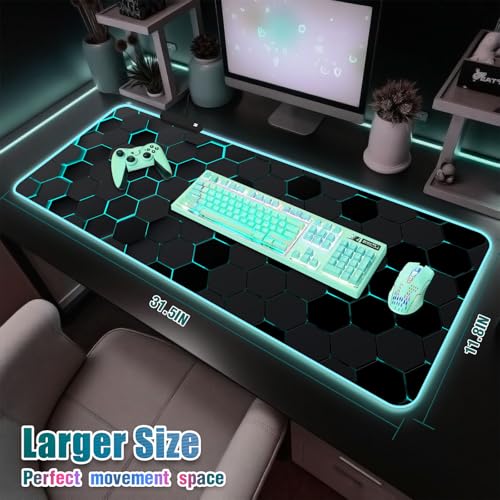 RGB Mousepad Led Mouse Pad Desk Mat I 31.5 x 11.8 Inch Large Mouse Pad I XL Oversized Big Mouse mat 14 Led Light Modes I Anti-Slip Rubber Base Waterproof Keyboard Pad for PC Gaming I Black Honeycomb - color: Black Honeycomb