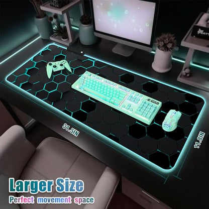 RGB Mousepad Led Mouse Pad Desk Mat I 31.5 x 11.8 Inch Large Mouse Pad I XL Oversized Big Mouse mat 14 Led Light Modes I Anti-Slip Rubber Base Waterproof Keyboard Pad for PC Gaming I Black Honeycomb - color: Black Honeycomb