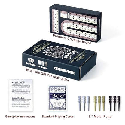 Cribbage Board Game Set - Wooden Foldable 3-Track Board with Magnetic Closure, 9 Metal Pegs, Playing Cards, Portable Family Travel Game for Gatherings and Gifts