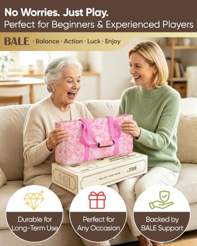 BALE ® Original American Mahjong Tile Set with Complete Game Accessories | 166 Pink Engraved 1.2" Mah Jongg Tiles, 4 Acrylic Racks Pushers,3Pcs Printed Majong Carrying Bags, Travel Family Friend Club - color: Printed Pink