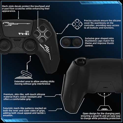 PlayVital Mecha Edition Silicone Cover Compatible with ps5 Controller with 2 Joystick Caps and 6 Stickers, Shockproof Non-Slip Grip Protector Accessories, Fits for ps5 Charging Station - Black - color: Black