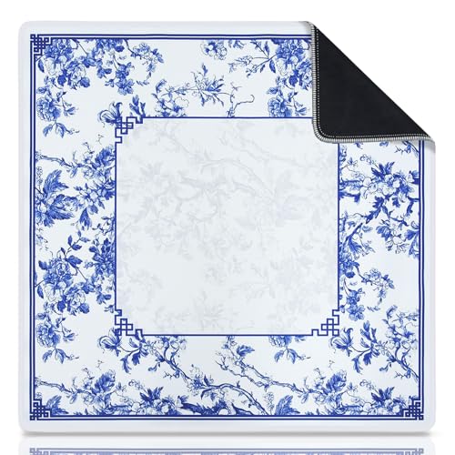 Blue Mahjong Mat with Rules, Mahjong Table Mat for Mahjong, 31.5x31.5 Inch | Mah Jong Mat with Non-Slip Base, Noise-Reducing, Mahjong Mat for Table Ideal for Mahjong, Poker, Dominoes - style: Blue & white porcelain