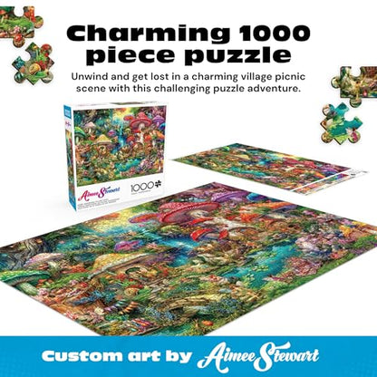 Buffalo Games - 1000 Piece Jigsaw Puzzle Aimee Stewart Merry Mushroom Village Picnic, Made in USA, Premium Recycled Board, Full-Color Poster, Giftable - color: Merry Mushroom Village Picnic