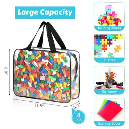 4 Pack Toy Storage Organizer Bags with Zipper, Clear PVC | Large Black Waterproof Reusable Toy Bags for Puzzles, Building Blocks, Board Game, Stationery, Kids Books