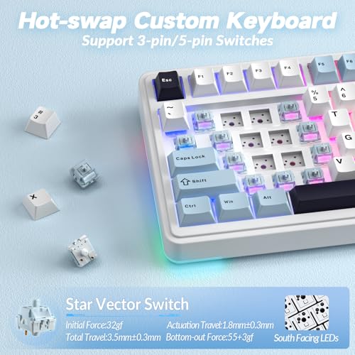 AULA S75 PRO Wireless Mechanical Keyboard with Screen&Knob, 75% Hot Swappable Gaming Keyboard with Pre-lubed Switches, RGB Backlit, PBT Keycaps Creamy Sounding Pc Gaming Keyboards - color: White&Blue