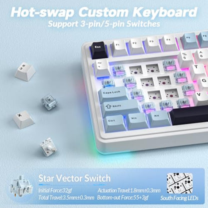 AULA S75 PRO Wireless Mechanical Keyboard with Screen&Knob, 75% Hot Swappable Gaming Keyboard with Pre-lubed Switches, RGB Backlit, PBT Keycaps Creamy Sounding Pc Gaming Keyboards - color: White&Blue