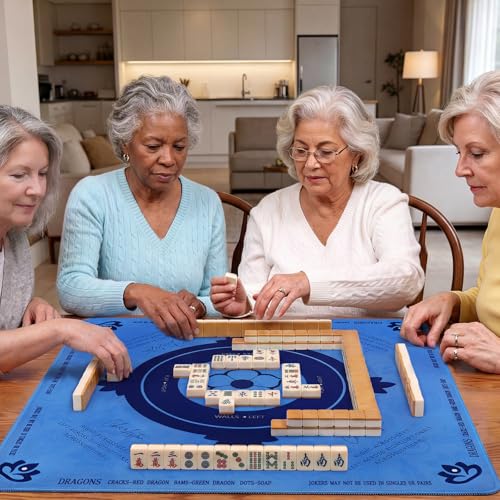 Mahjong Mat with Rules, 32.2 Inch Square Mahjong Mats for Table, Noise Reduction Mah Jong Mat, Rubber Anti-Slip Base for Board Games, Tiles Game & Dominoes Blue - color: Blue