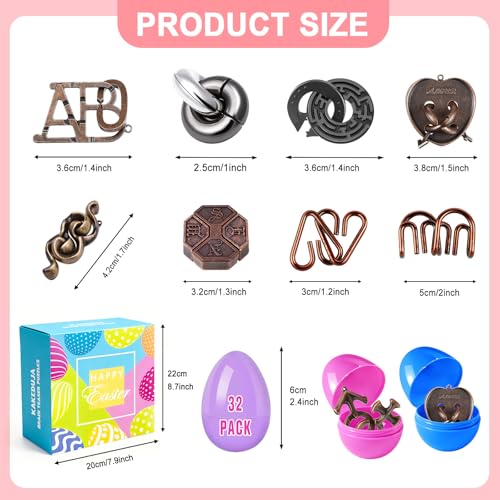 32 Pack Brain Teaser Puzzles & Colorful Easter Eggs - Challenging Metal Wire Puzzles for Kids & Adults - DIY Easter Basket Stuffers, Family Logic Games, Party Favors - style: 32PCS Metal Puzzles