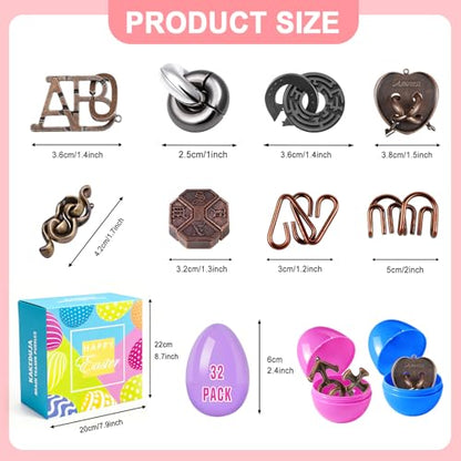 32 Pack Brain Teaser Puzzles & Colorful Easter Eggs - Challenging Metal Wire Puzzles for Kids & Adults - DIY Easter Basket Stuffers, Family Logic Games, Party Favors - style: 32PCS Metal Puzzles
