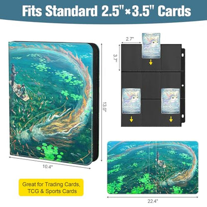 Trading Card Binder, 3-Ring Zippered for Standard 2.5"x3.5" TCG and Sports Cards, 9-Pocket Double-Sided Pages, 50 Sheets/900 Pockets, Acid-Free PVC-Free, PU Cover, Wrist Strap - Lake Art Design - color: Lake Dragon Teal