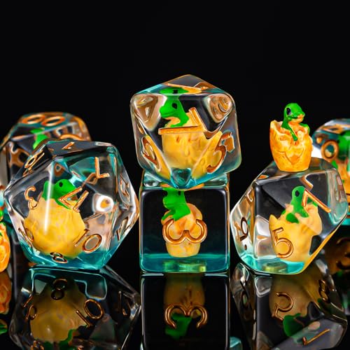 DND Resin Dinosaur Dice Set, D&D Polyhedral Dice for Dungeons and Dragons RPG, MTG Role Playing Games D and D Dice 7pcs-Set D20 D12 D10 D8 D6 D4 - color: Shell Breaking Dinosaur