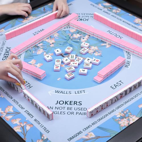 DEVPNR Mahjong Mat for Table with Black Carrying Bag, 32.6"x32.6", Blue | Non-Slip Table Cover, Noise-Reducing, with Rules, Easy Storage, for American Mahjong, Poker, Card & Board Games - color: Blue
