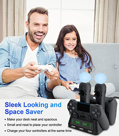 PS4 Controller Charging Dock Station, 4 in 1 PS VR Motion Move Charger Station, Fast PlayStation 4 Controller Charger with LED Indicator Compatible with PS4/Slim/PS4 Pro/PS VR Charging Dock