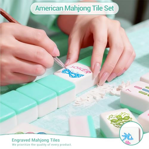 American Mahjong Tile Set, 166 Tiles (1.2”), Cute Mini Tiles-Sky-Blue Glaze | Mahjong Tile Set with Carrying Bag, Dice, Mat, Portable Travel Complete Game Set for Home Outdoor Enthusiast Gift - color: Sky-blue Glaze