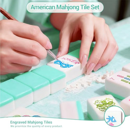 American Mahjong Tile Set, 166 Tiles (1.2”), Cute Mini Tiles-Sky-Blue Glaze | Mahjong Tile Set with Carrying Bag, Dice, Mat, Portable Travel Complete Game Set for Home Outdoor Enthusiast Gift - color: Sky-blue Glaze